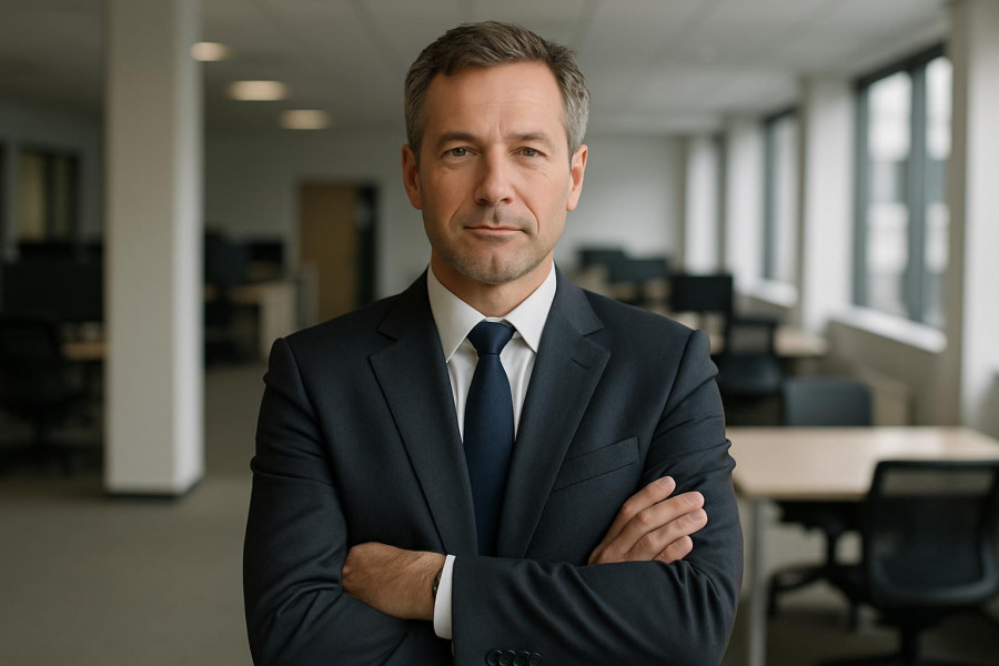 Professional man in suit related to Johnson & Johnson talc lawsuit.