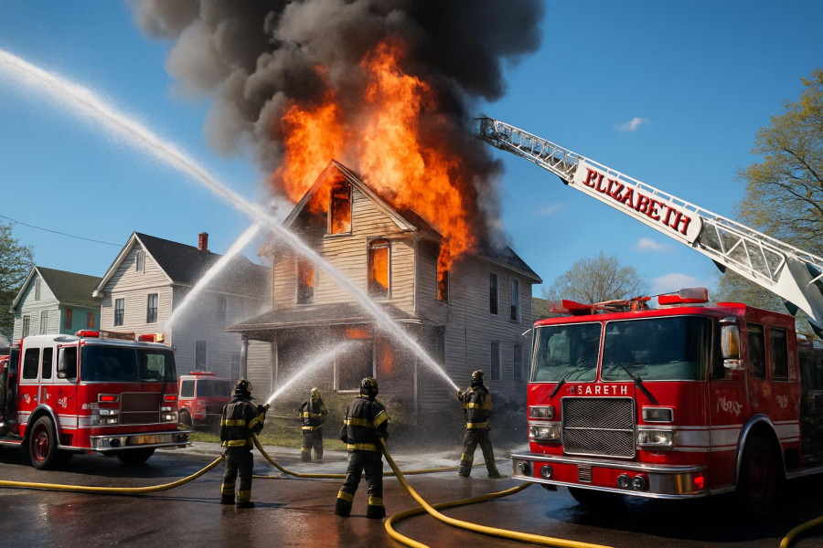 Firefighters combating house fire in Elizabeth, NJ on a clear day.