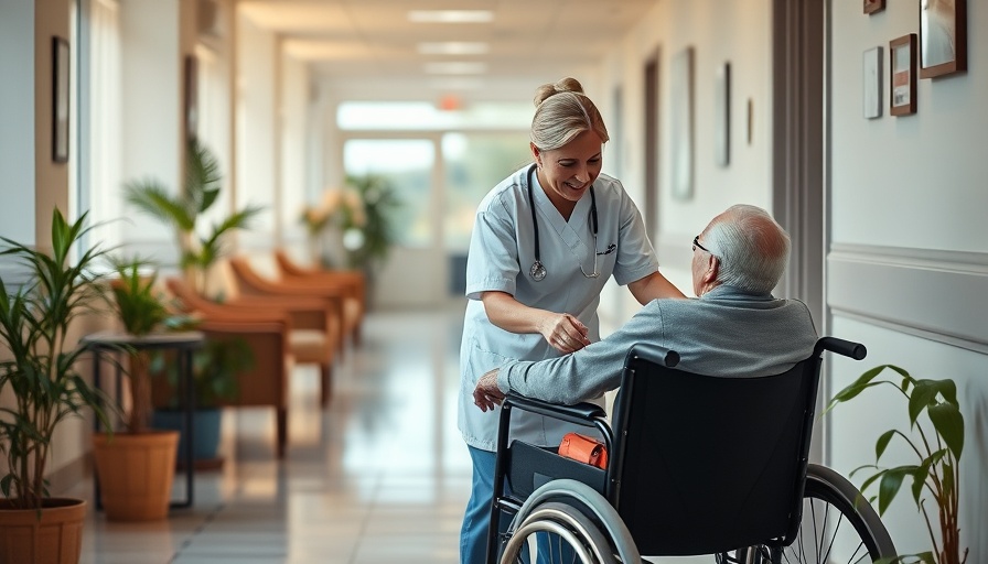 Nurse assisting person in wheelchair at healthcare facility.