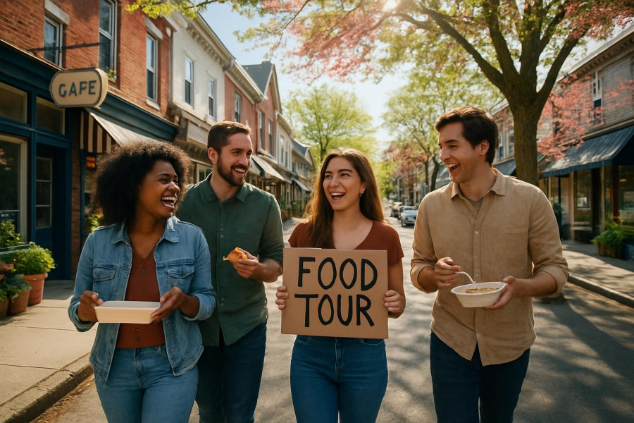People on a North Jersey food tour, exploring charming suburban streets.