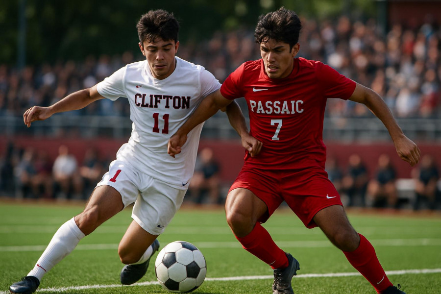 Intense boys soccer match between Clifton and Passaic.