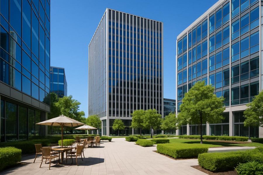 Renovated HQ Plaza Morristown with tall buildings and outdoor seating.