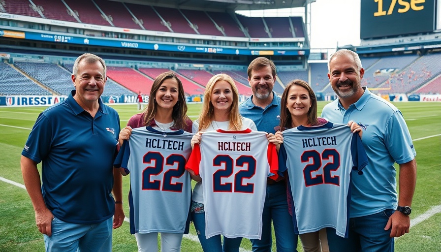 HCLTech MetLife Stadium partnership event with five people and jerseys.