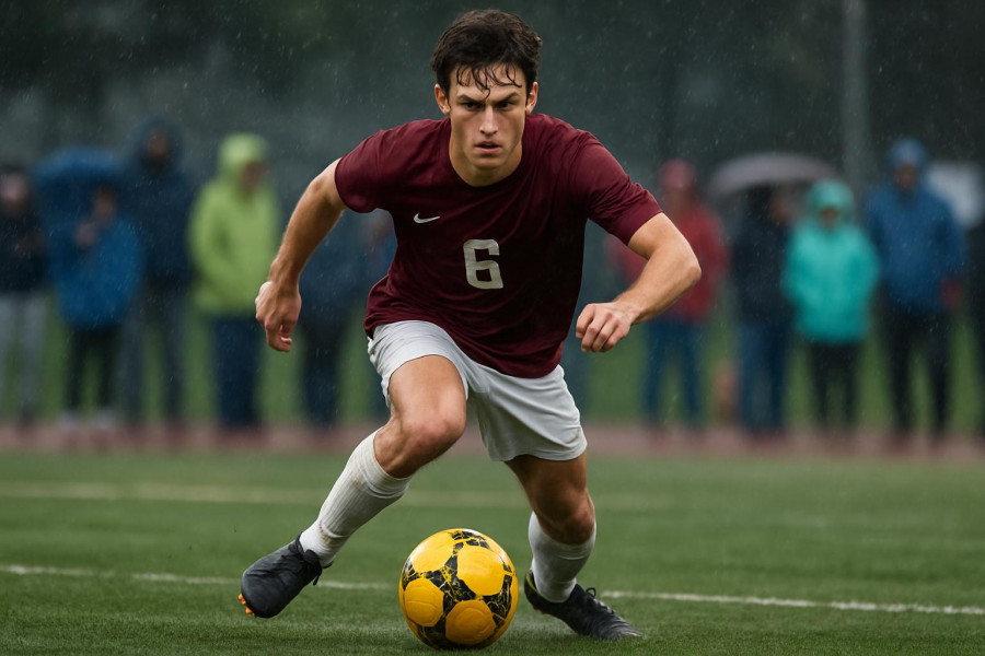 Bergen Catholic boys soccer tournament, player dribbling in rain