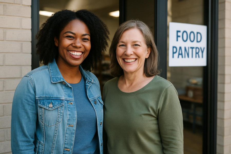 Two smiling women at Flemington Area Food Pantry entrance