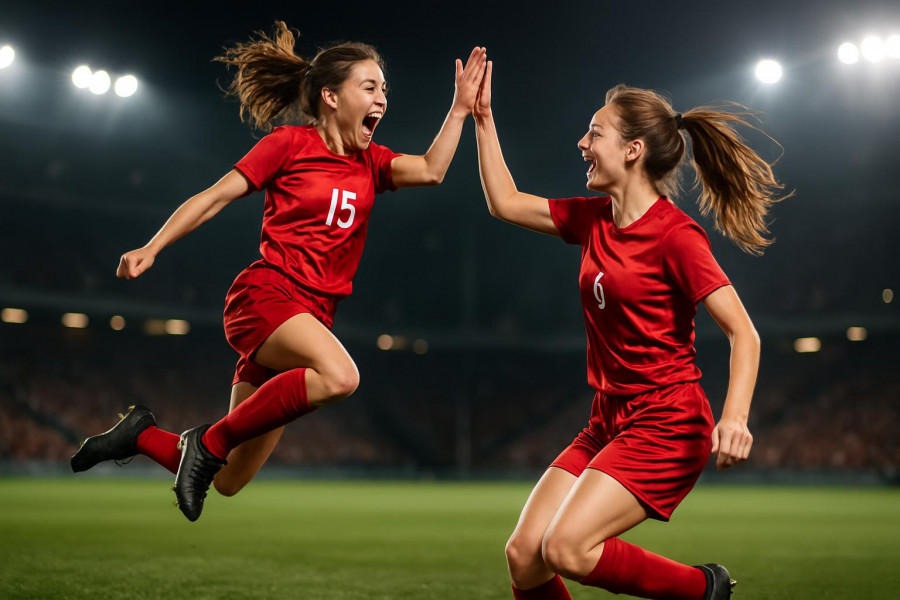Bergen County girls soccer tournament players celebrating during match.