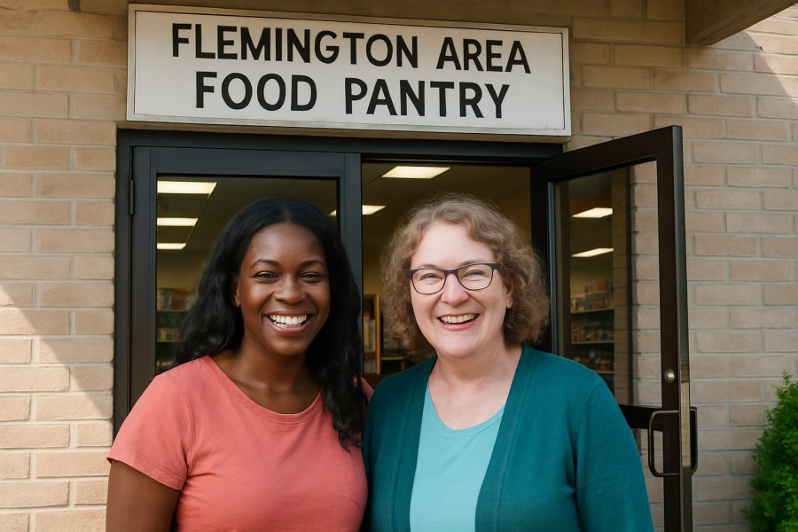 Friendly women greeting at Flemington Area Food Pantry entrance.