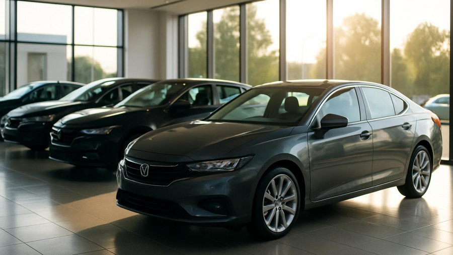 Modern car showroom in New Jersey with shiny vehicles under natural light.