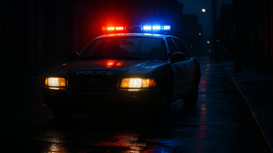 Police car at night with flashing lights - trespassing at Black River Middle School.