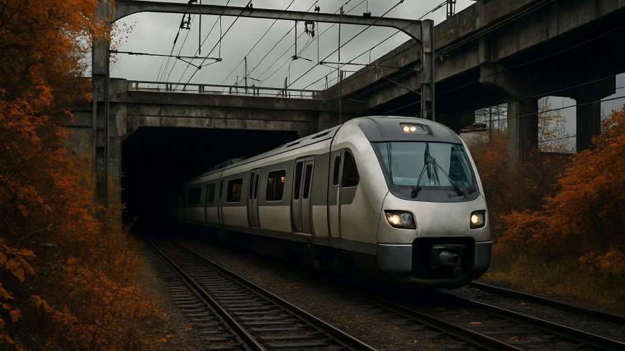 Train emerging from urban tunnel, Gateway Project termination context.