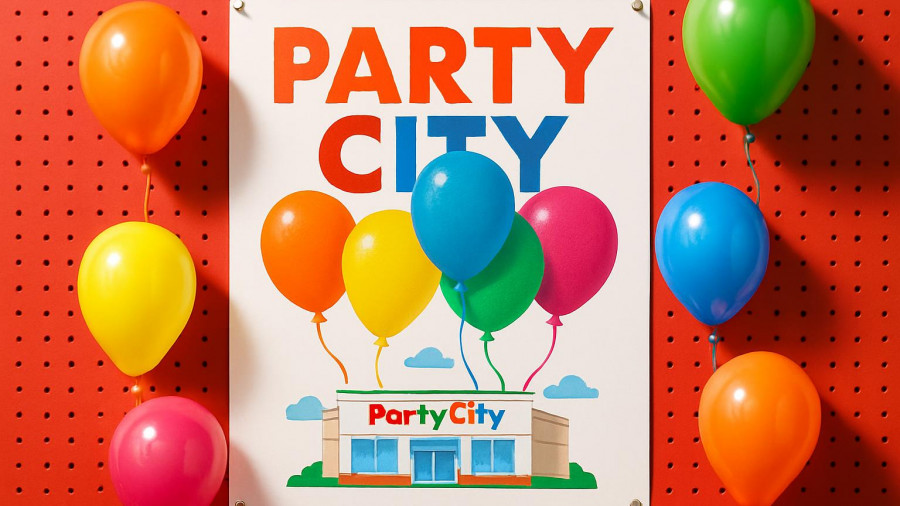 Party City announces new location with vibrant promotional poster on red wall.