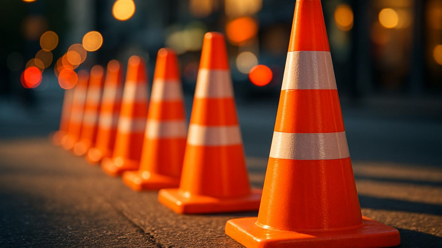 Traffic cones line street in Somerset County amid I-78 west lane closure.