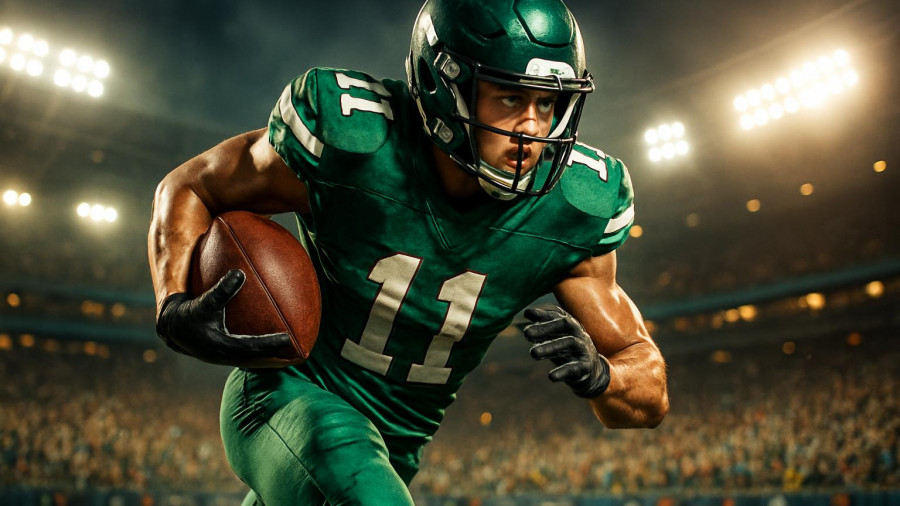 Montgomery football player in green outruns Sayreville defender under stadium lights.