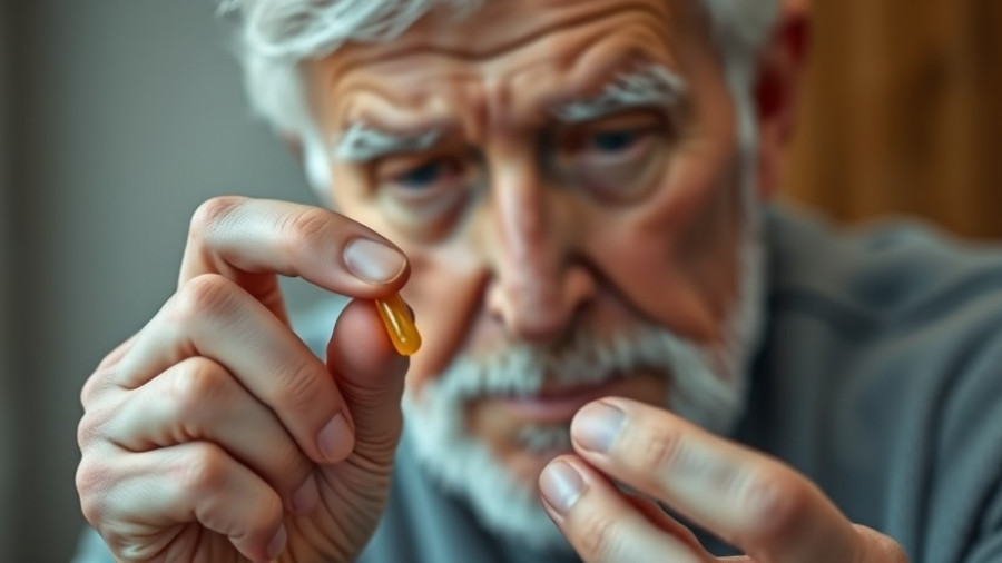 Elderly man examining yellow pill, related to prolonged gabapentin use after stroke.