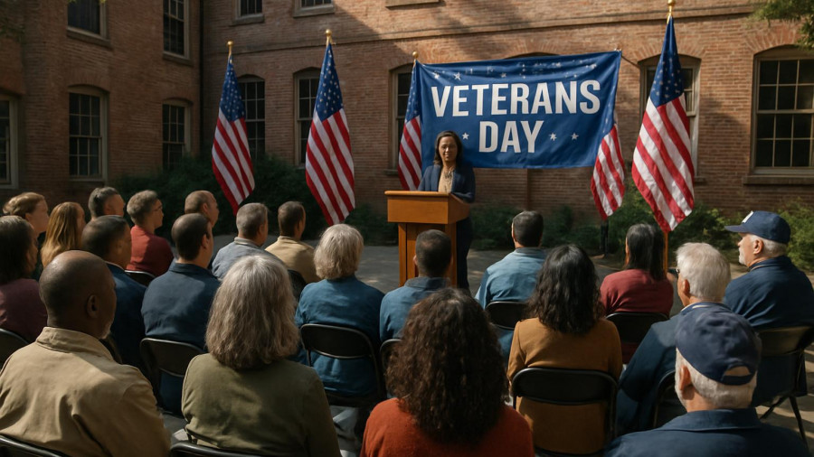 Community gathers for Warren County Veterans Day Ceremony outdoors.