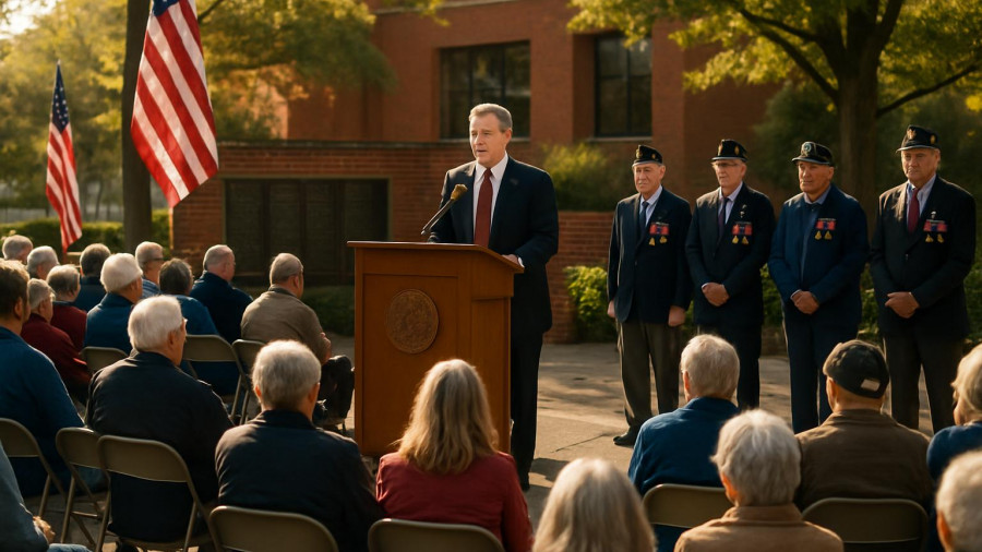 Warren County Veterans Day Ceremony with gathered attendees and speaker.