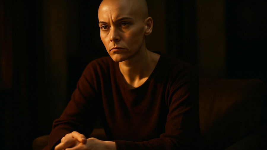 Bald woman in maroon coat under warm lighting at Bugonia screening.