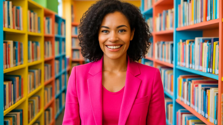 Stylish librarian in Northern NJ smiling in a colorful library