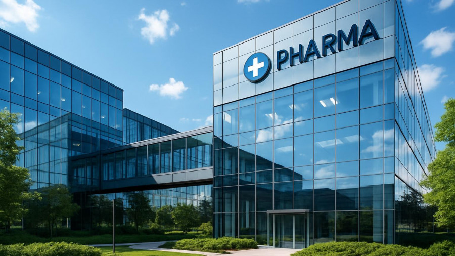 Merck's modern US pharmaceutical manufacturing facility with glass skywalk.