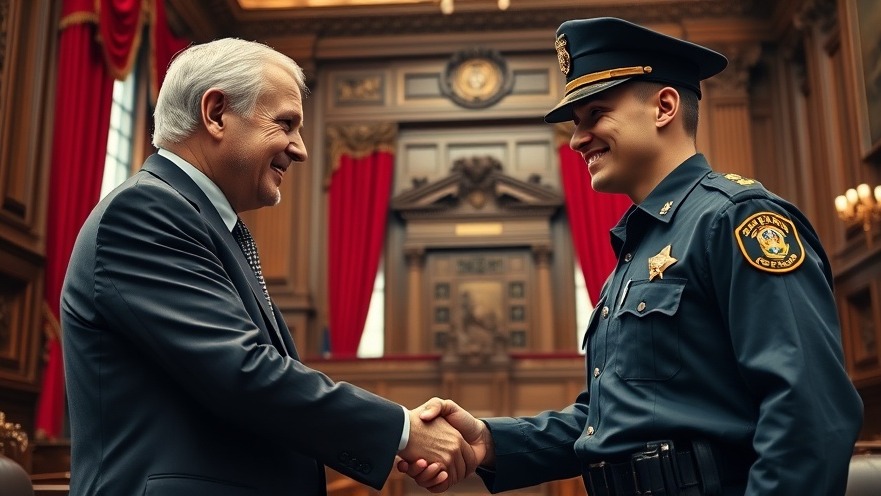Celebrating law enforcement diversity, officer and older man shake hands in ornate courtroom.
