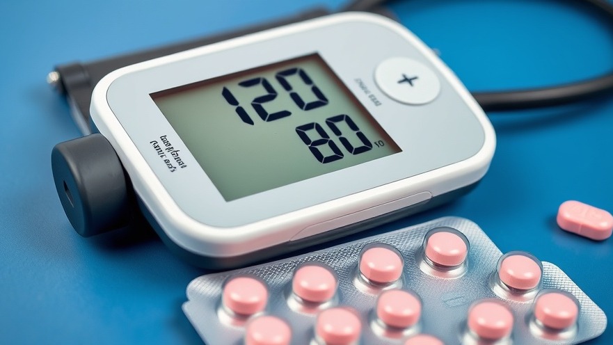 Digital blood pressure monitor displaying healthy readings with medication for high blood pressure treatments.