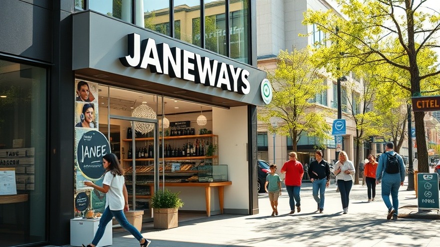 Modern storefront of JANEWAYS bustling with foot traffic, showcasing vibrant local marketing.