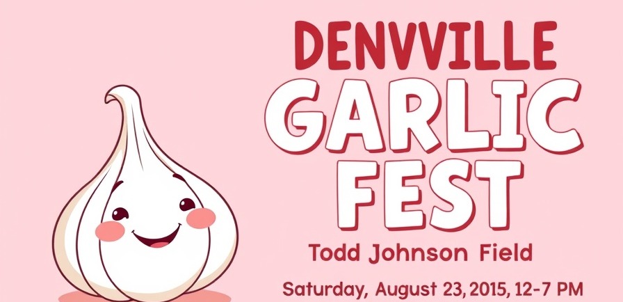 Denville summer events poster for Garlic Festival Fun with cheerful garlic character.