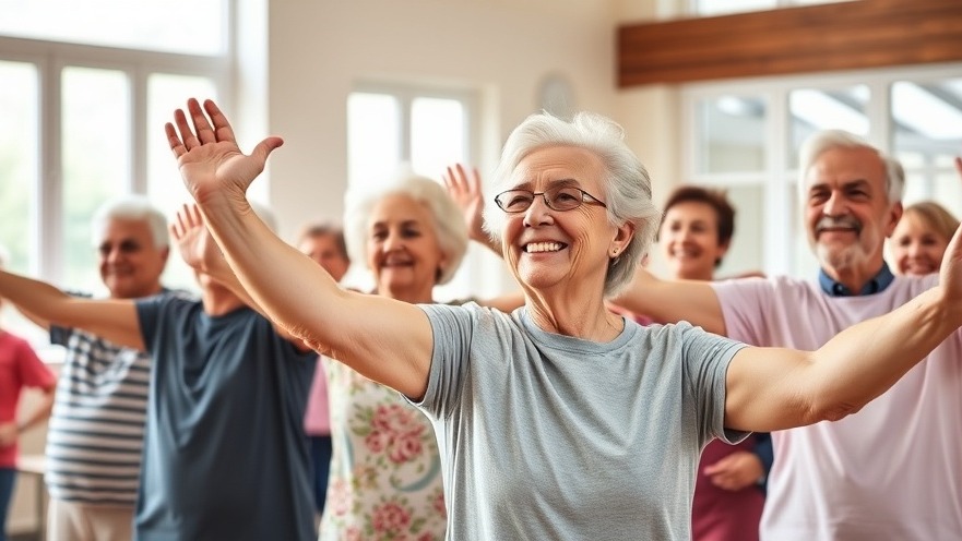 Energetic seniors stretching in a bright community center, promoting fall prevention.