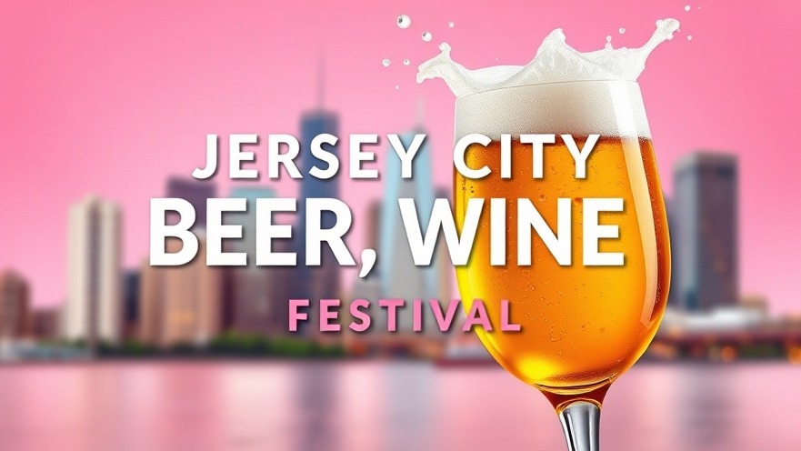 Vibrant Jersey City events graphic with beer, wine splash and NYC skyline view.