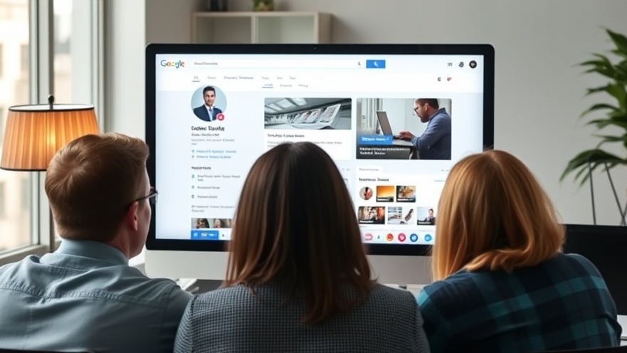Three people analyzing a Google Business Profile on a computer screen.