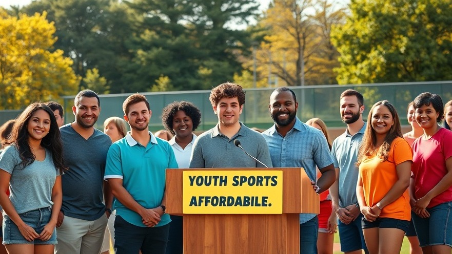 Diverse group promoting affordability of youth sports at a podium on a sunny field.