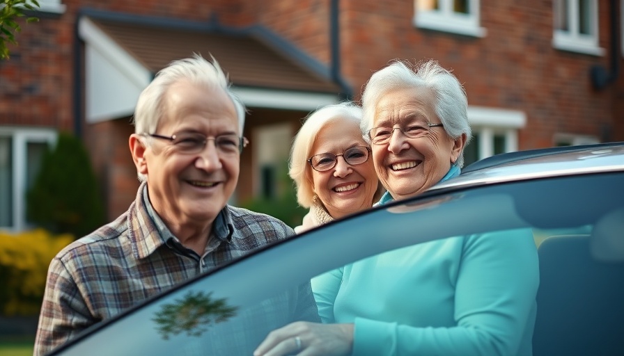 Senior couple smiling near car discussing senior living age requirements.