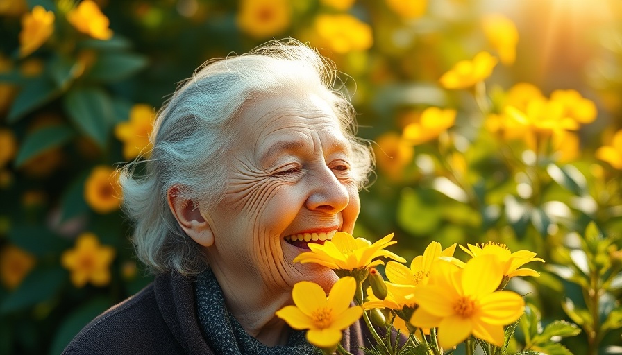 Senior woman enjoys nature by smelling flowers.