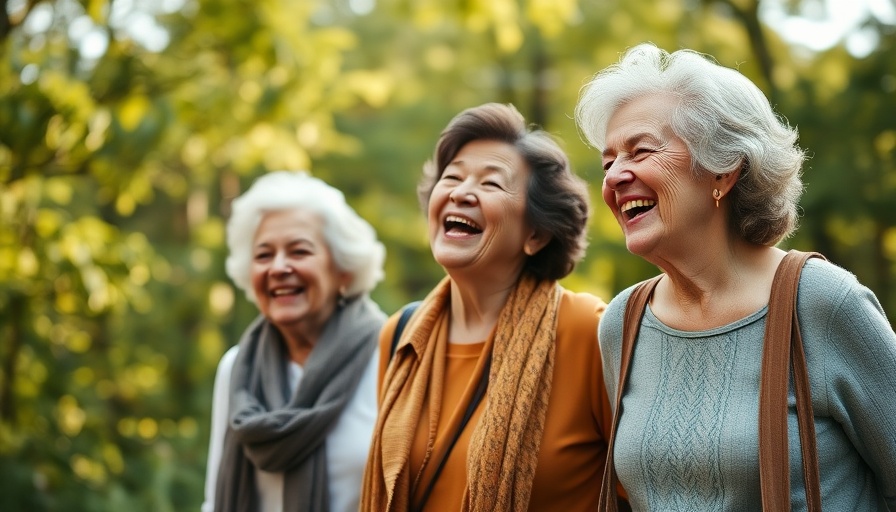 Elderly women enjoying a walk in the forest, depicting joy and relaxation, promoting ways to overcome seasonal depression for seniors.
