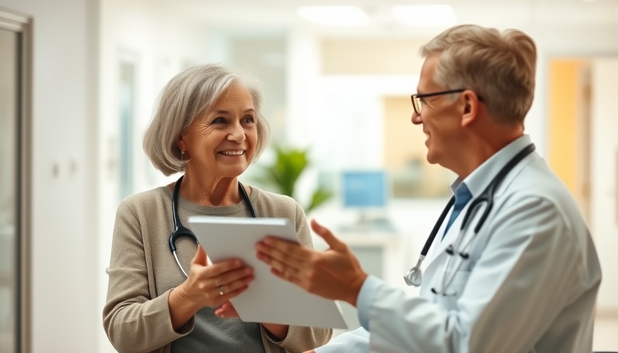 Doctor advising senior woman about diabetes risk, bright clinic setting.