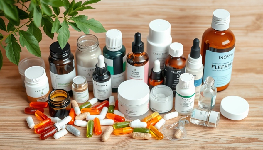 Skincare supplements and tools on wooden surface.