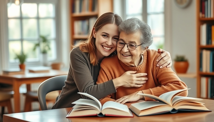 Private duty home care moment with young woman embracing elderly woman.