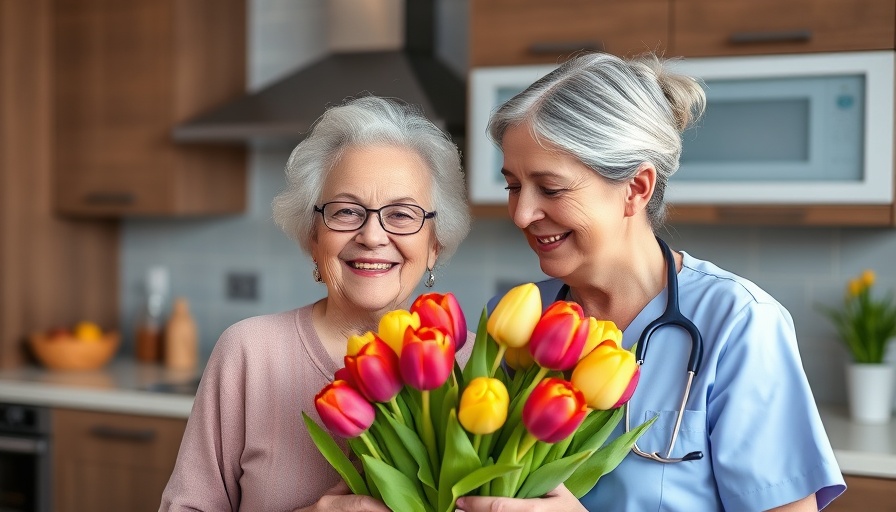 Smiling elderly woman with nurse enjoying flowers, assisted living benefits.