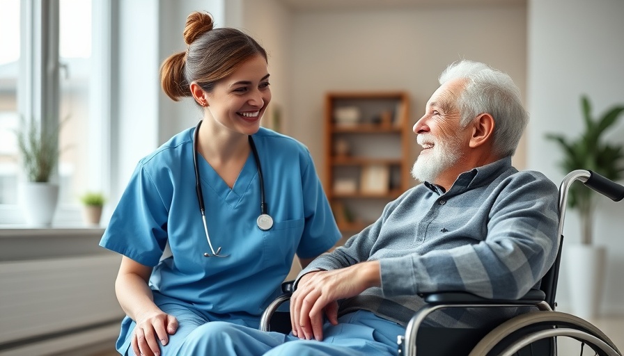 Smiling elderly man and nurse interaction in a senior community.