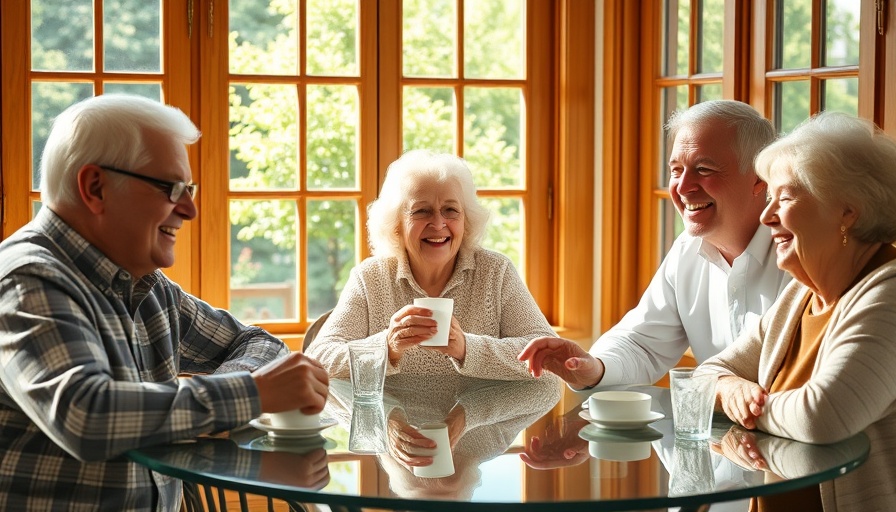 Seniors enjoying coffee and conversation; senior living setting.