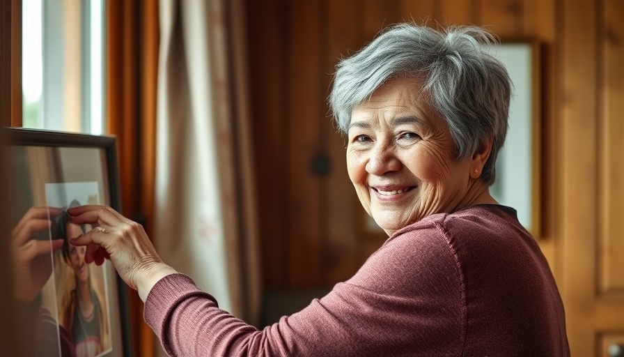 Senior woman enjoying home decor in senior living setting.