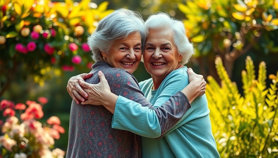 Two elderly women embracing in a garden, symbolizing senior living.