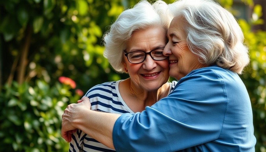 Elderly women embracing in a garden, senior living.