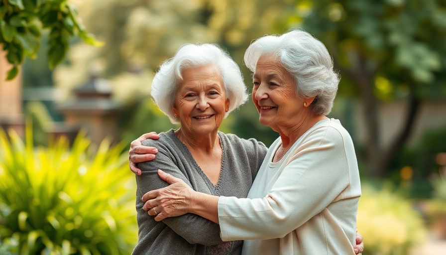 Two older women embracing in a garden, illustrating Assisted Living for Seniors.