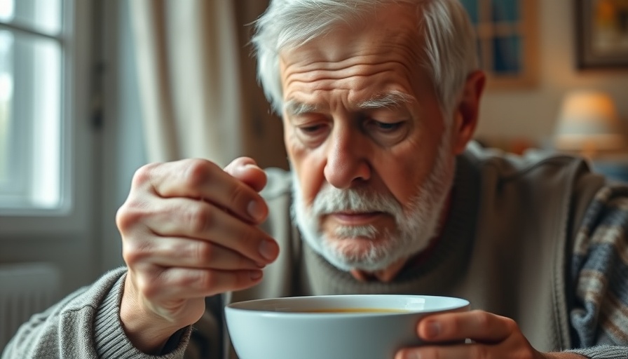 Elderly man with hand tremor eating soup, a sign of Parkinson's disease.