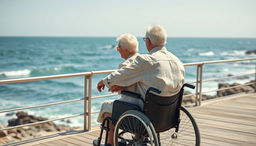 Elderly couple enjoying seaside view in wheelchair on boardwalk.