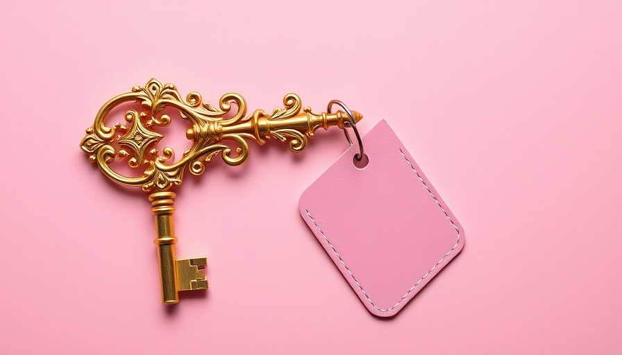 Golden key with pink tag set against pink background.