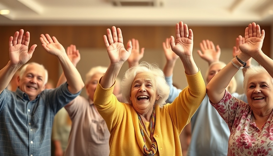 Elderly group in assisted living, smiling and celebrating.