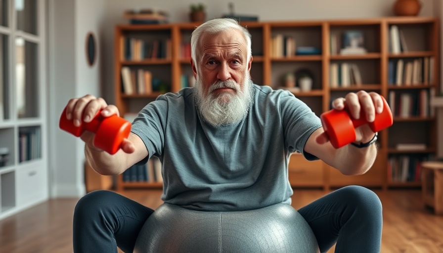 Senior man practicing resistance training with dumbbells at home.