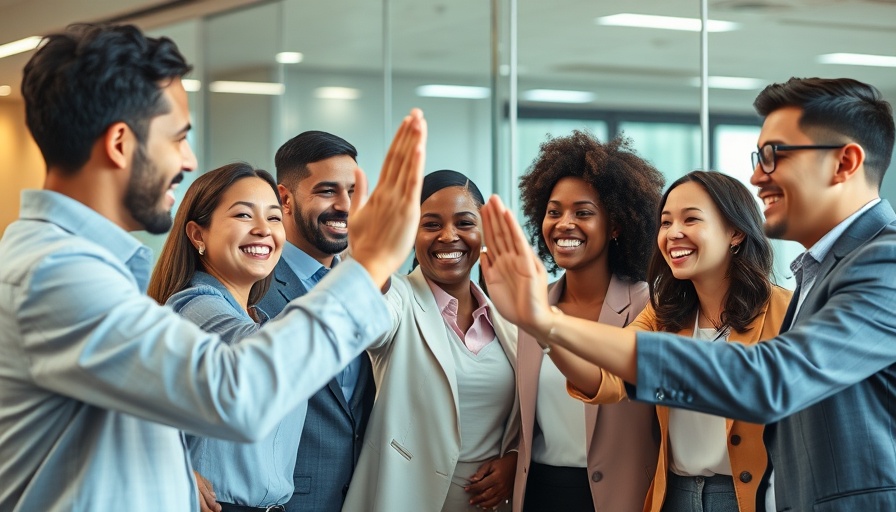 Diverse professionals in New Jersey law firm celebrating success.